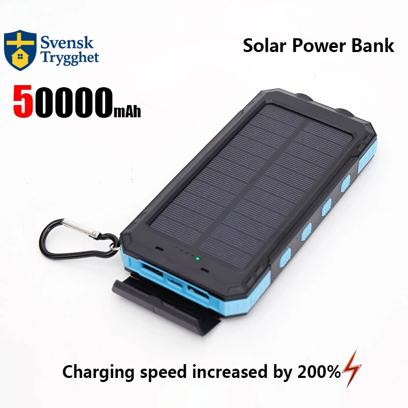 50000mAh Solcellsdriven Powerbank – Portabel Extern Batteriladdare med Stark LED-lampa för iPhone och Samsung, bärbara dator med mera